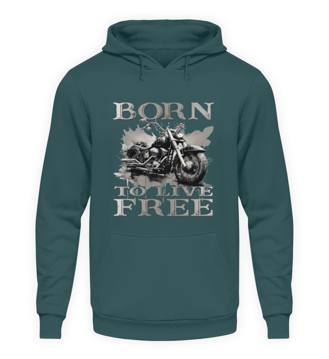 Ein Biker Hoodie für Motorradfahrer von Wingbikers mit dem Aufdruck, Born to Live Free, in petrol türkis.