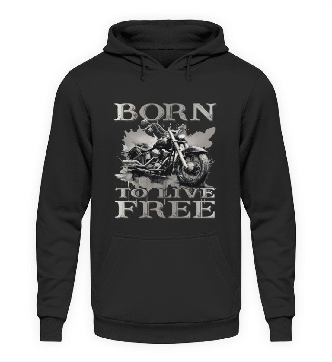 Ein Biker Hoodie für Motorradfahrer von Wingbikers mit dem Aufdruck, Born to Live Free, in schwarz.