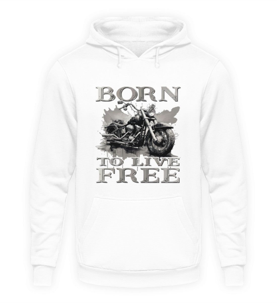 Ein Biker Hoodie für Motorradfahrer von Wingbikers mit dem Aufdruck, Born to Live Free, in weiß.