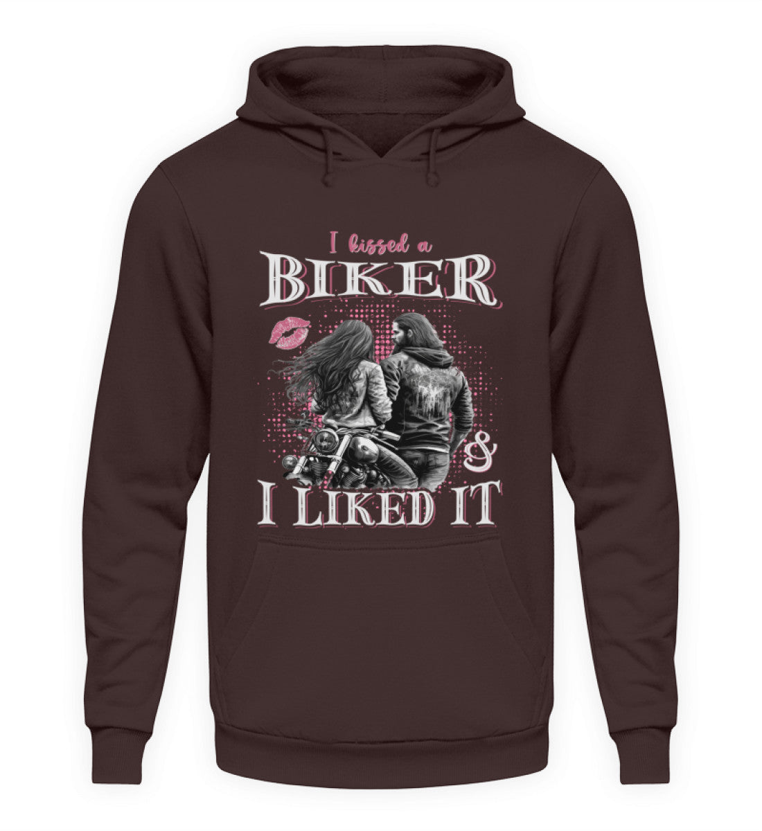 Ein Motorrad Hoodie für Frauen von Wingbikers mit dem Aufdruck, I Kissed A Biker And I Liked It, in braun.