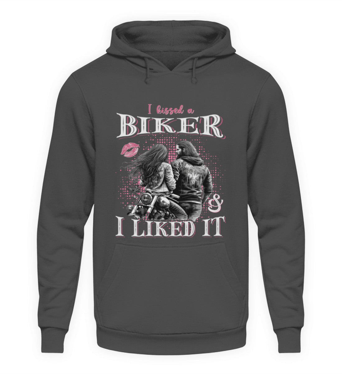 Ein Motorrad Hoodie für Frauen von Wingbikers mit dem Aufdruck, I Kissed A Biker And I Liked It, in grau.