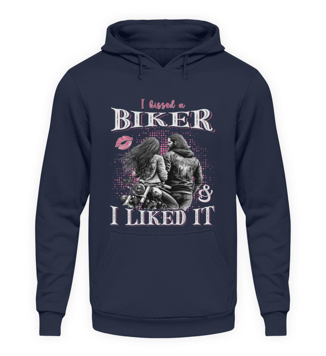 Ein Motorrad Hoodie für Frauen von Wingbikers mit dem Aufdruck, I Kissed A Biker And I Liked It, in navy.