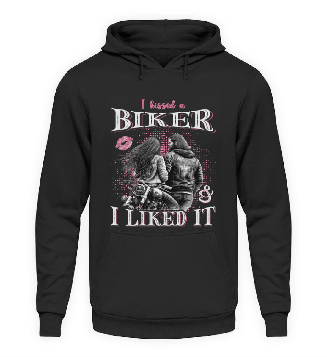 Ein Motorrad Hoodie für Frauen von Wingbikers mit dem Aufdruck, I Kissed A Biker And I Liked It, in schwarz.