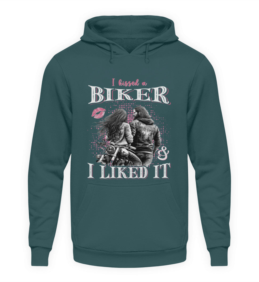 Ein Motorrad Hoodie für Frauen von Wingbikers mit dem Aufdruck, I Kissed A Biker And I Liked It, in türkis.