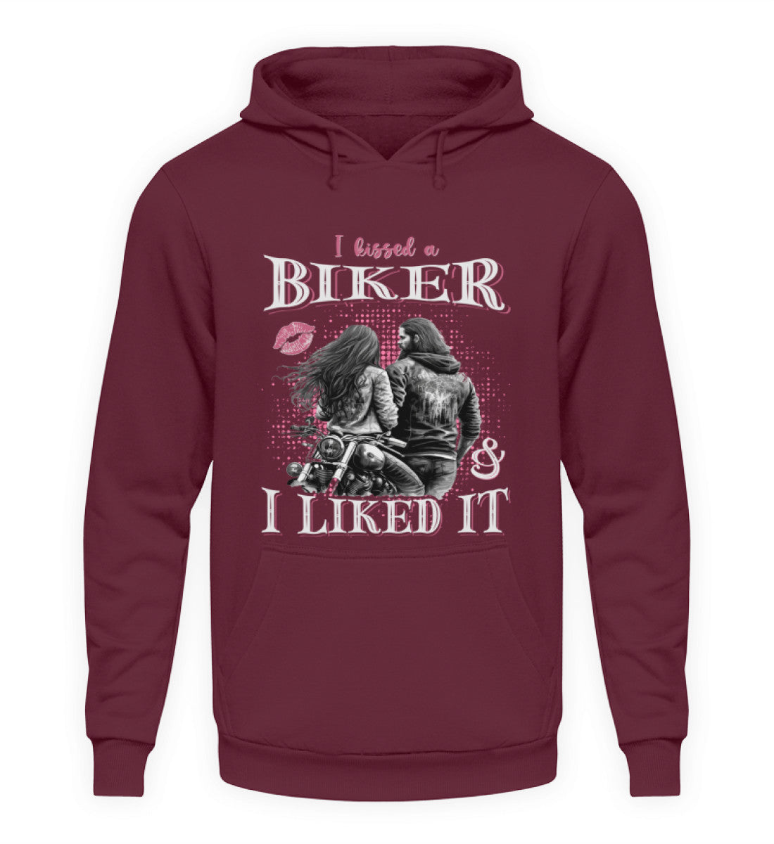 Ein Motorrad Hoodie für Frauen von Wingbikers mit dem Aufdruck, I Kissed A Biker And I Liked It, in weinrot.