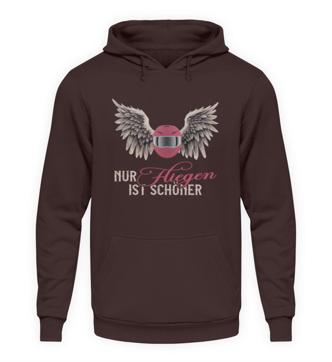 Ein Hoodie für Motorradfahrerinnen von Wingbikers mit dem Aufdruck, Nur fliegen ist schöner, in braun.