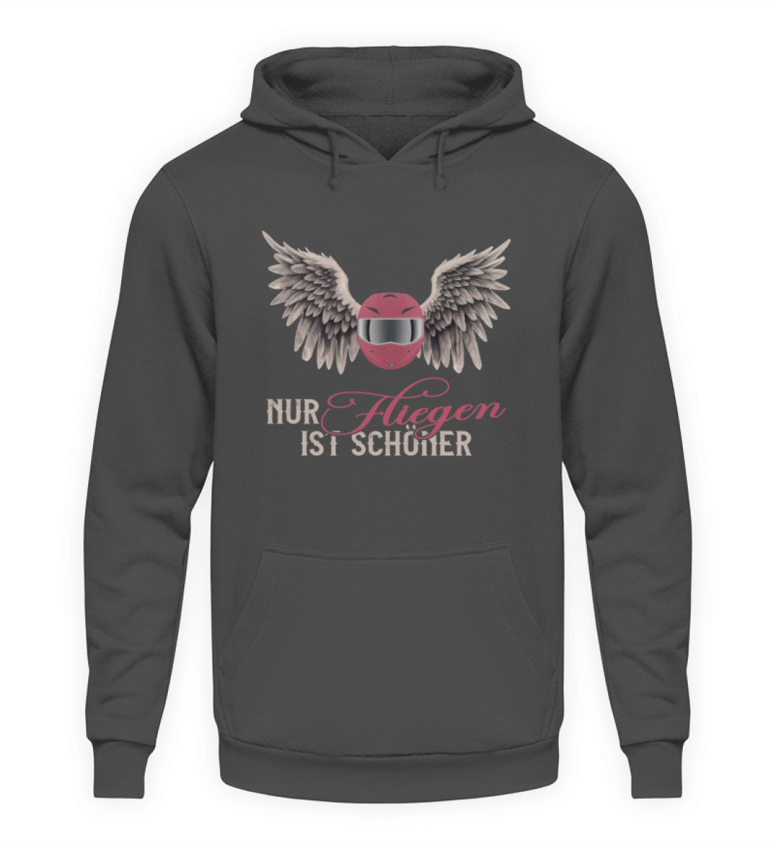 Ein Hoodie für Motorradfahrerinnen von Wingbikers mit dem Aufdruck, Nur fliegen ist schöner, in grau.