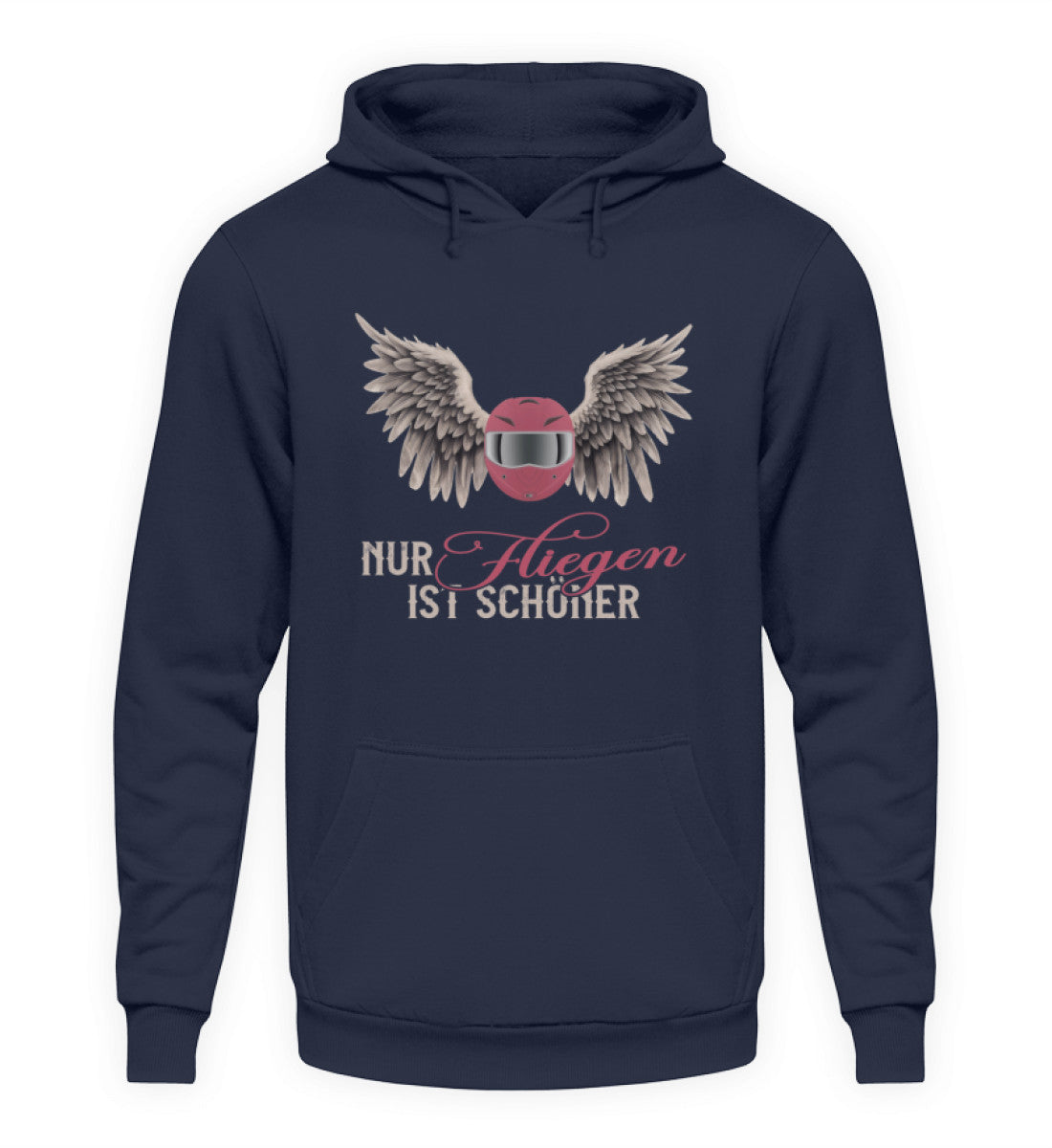 Ein Hoodie für Motorradfahrerinnen von Wingbikers mit dem Aufdruck, Nur fliegen ist schöner, in navy.