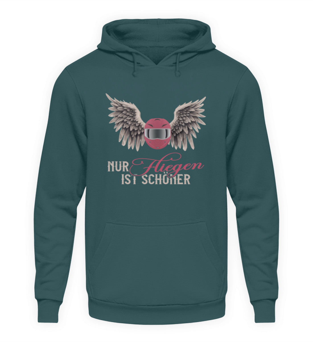 Ein Hoodie für Motorradfahrerinnen von Wingbikers mit dem Aufdruck, Nur fliegen ist schöner, in petrol.