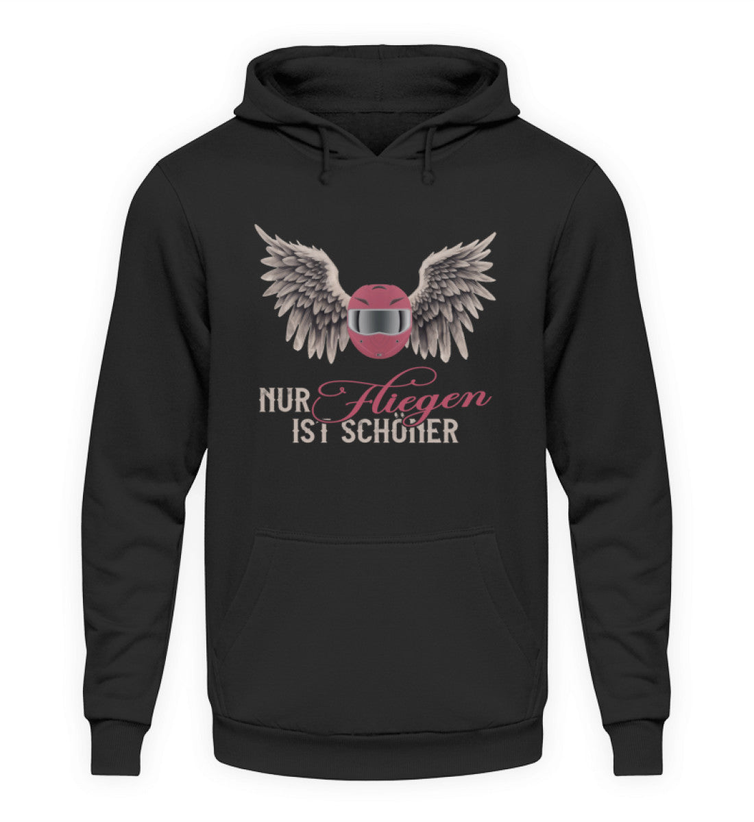Ein Hoodie für Motorradfahrerinnen von Wingbikers mit dem Aufdruck, Nur fliegen ist schöner, in schwarz.