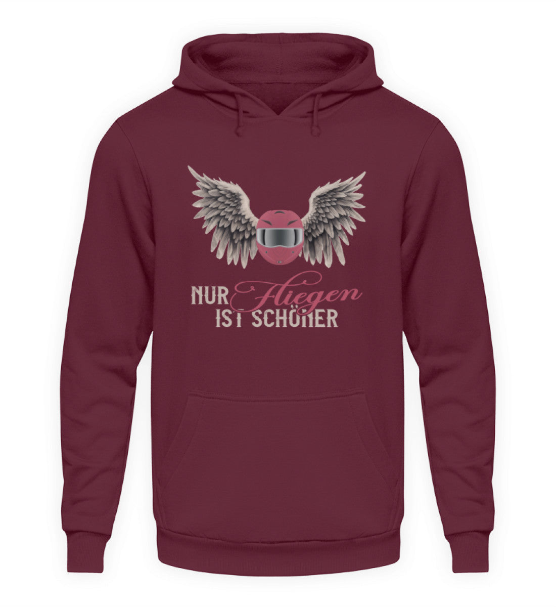 Ein Hoodie für Motorradfahrerinnen von Wingbikers mit dem Aufdruck, Nur fliegen ist schöner, in burgunder.