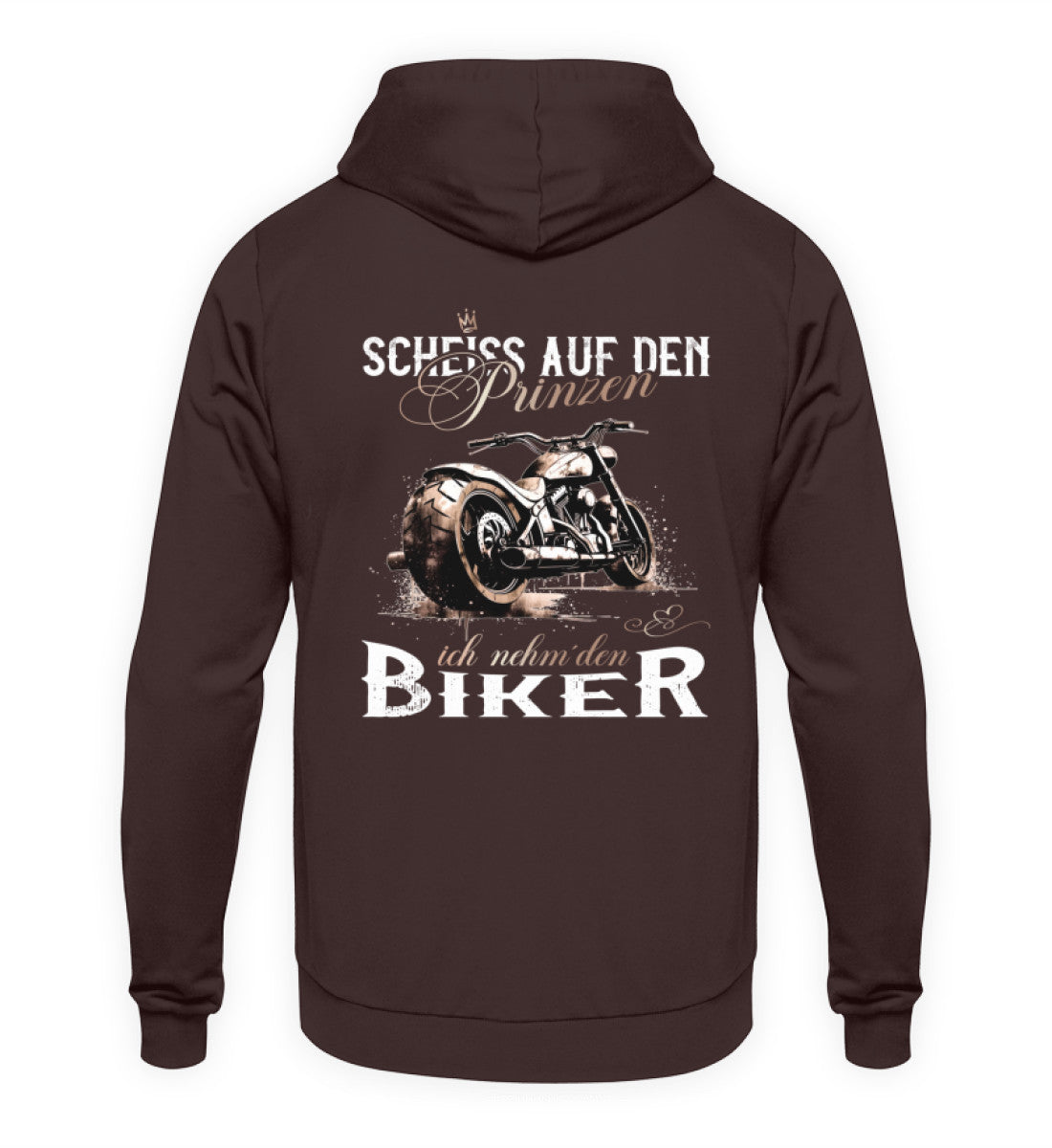 Ein Motorrad Hoodie für Frauen von Wingbikers mit dem Aufdruck, Scheiß auf den Prinzen, ich nehm' den Biker - mit Back Print, in braun.