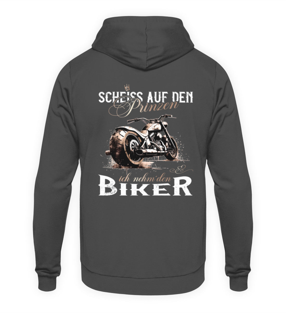 Ein Motorrad Hoodie für Frauen von Wingbikers mit dem Aufdruck, Scheiß auf den Prinzen, ich nehm' den Biker - mit Back Print, in dunkelgrau.