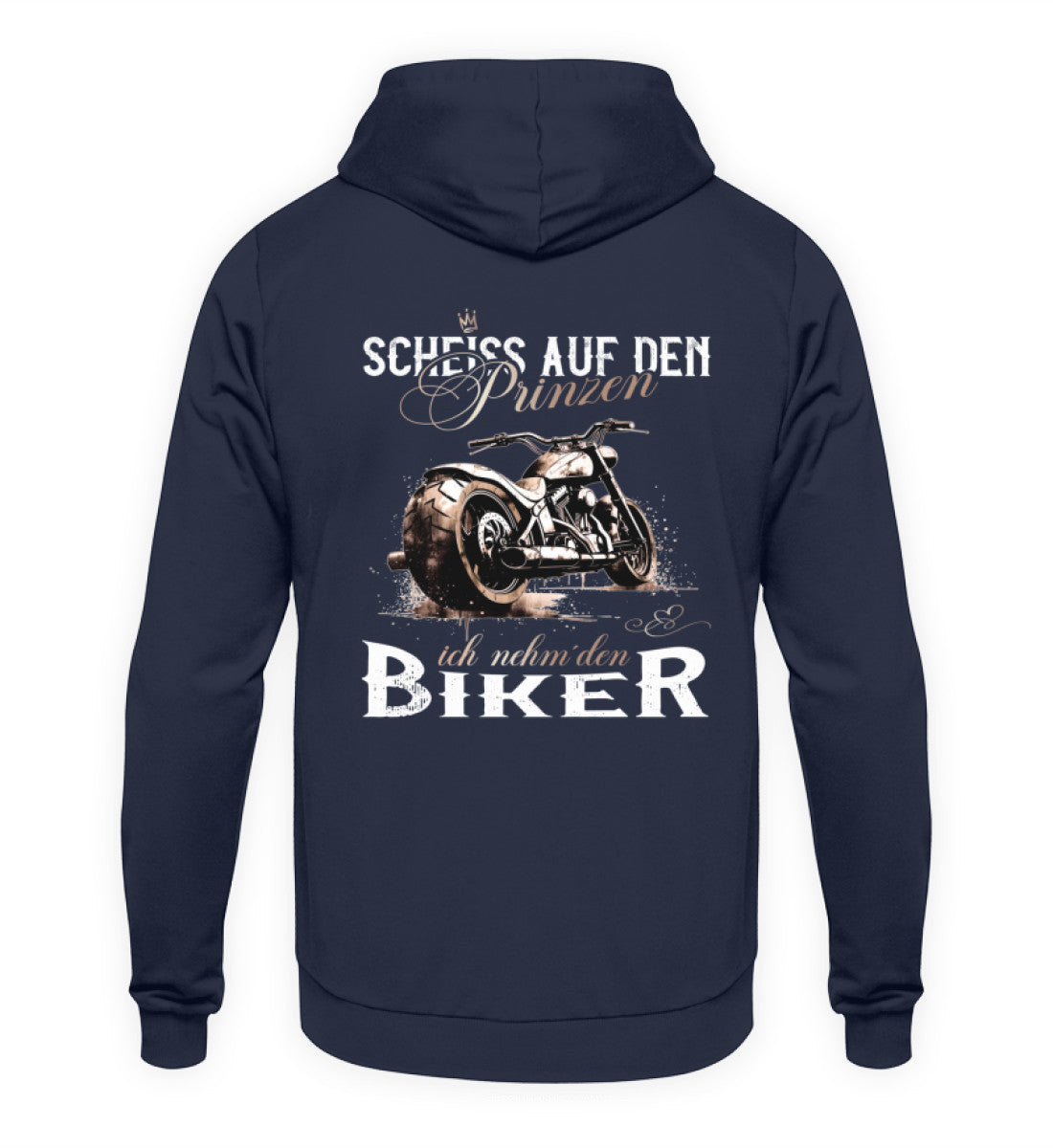 Ein Motorrad Hoodie für Frauen von Wingbikers mit dem Aufdruck, Scheiß auf den Prinzen, ich nehm' den Biker - mit Back Print, in navy.