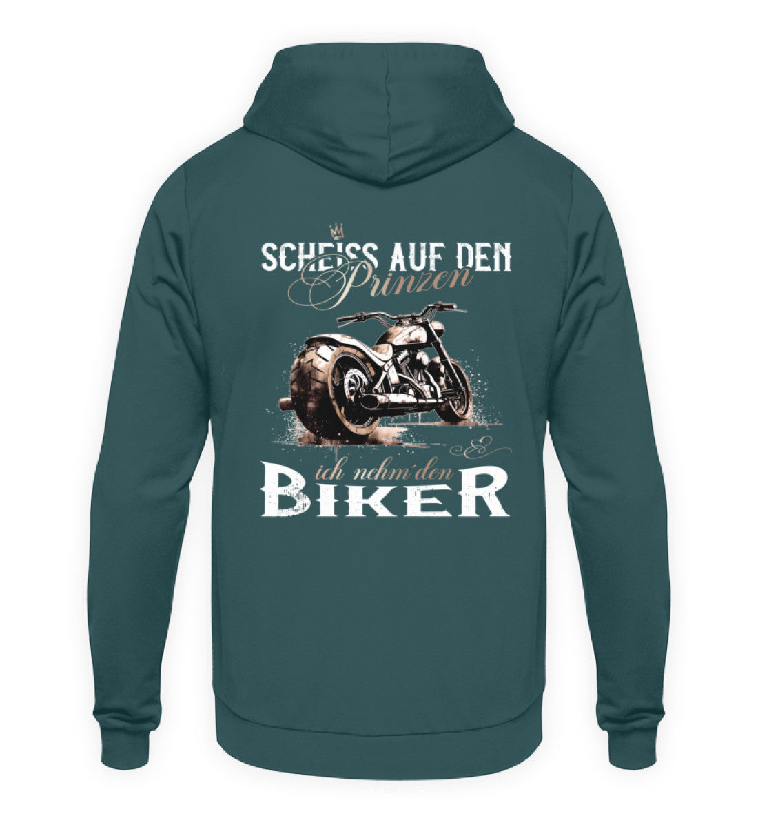 Ein Motorrad Hoodie für Frauen von Wingbikers mit dem Aufdruck, Scheiß auf den Prinzen, ich nehm' den Biker - mit Back Print, in petrol türkis.
