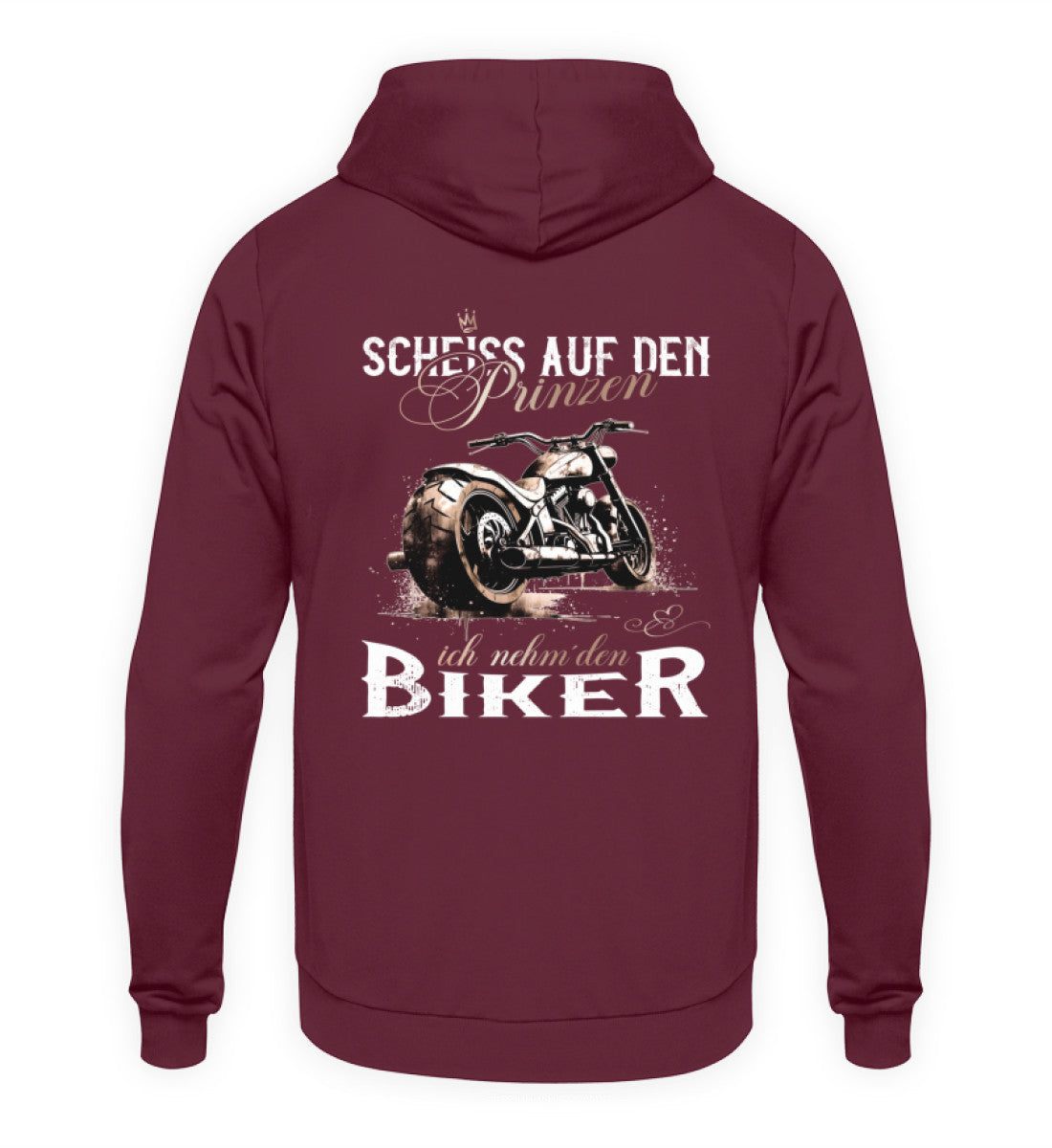 Ein Motorrad Hoodie für Frauen von Wingbikers mit dem Aufdruck, Scheiß auf den Prinzen, ich nehm' den Biker - mit Back Print, in weinrot.