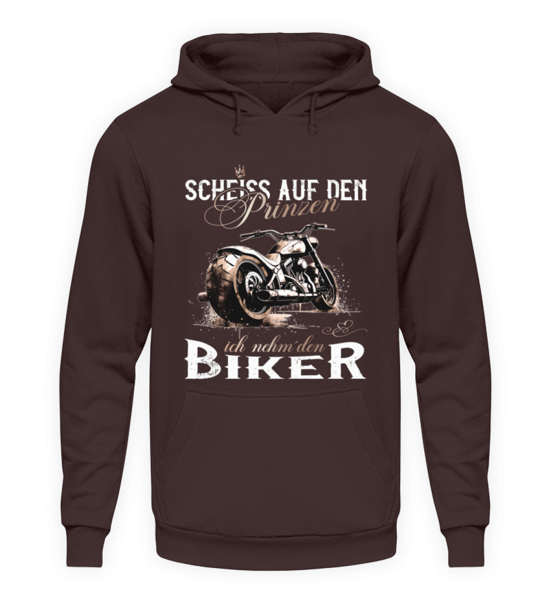 Ein Motorrad Hoodie für Frauen von Wingbikers mit dem Aufdruck, Scheiß auf den Prinzen, ich nehm' den Biker, in braun.