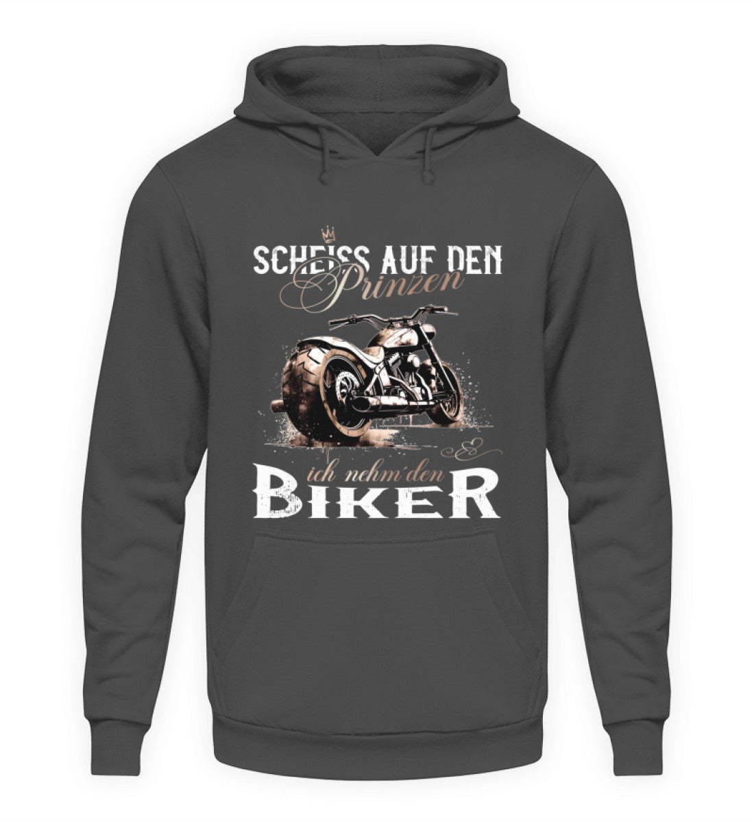 Ein Motorrad Hoodie für Frauen von Wingbikers mit dem Aufdruck, Scheiß auf den Prinzen, ich nehm' den Biker, in grau.