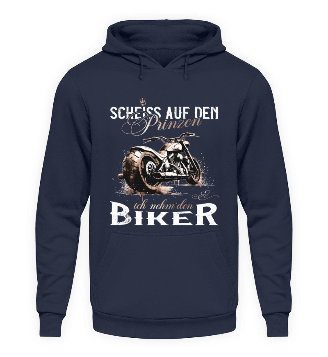 Ein Motorrad Hoodie für Frauen von Wingbikers mit dem Aufdruck, Scheiß auf den Prinzen, ich nehm' den Biker, in navy.