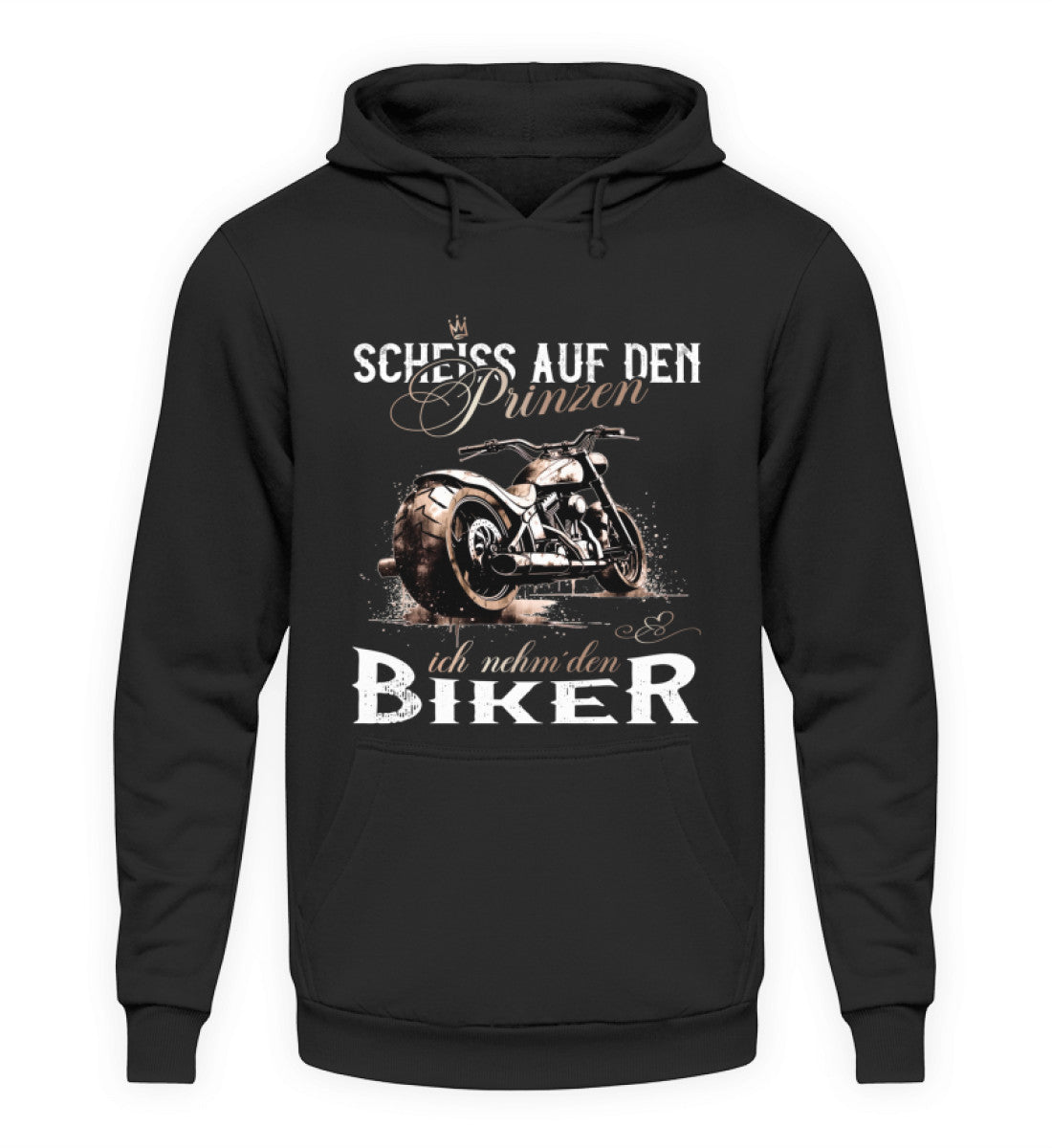 Ein Motorrad Hoodie für Frauen von Wingbikers mit dem Aufdruck, Scheiß auf den Prinzen, ich nehm' den Biker, in schwarz.