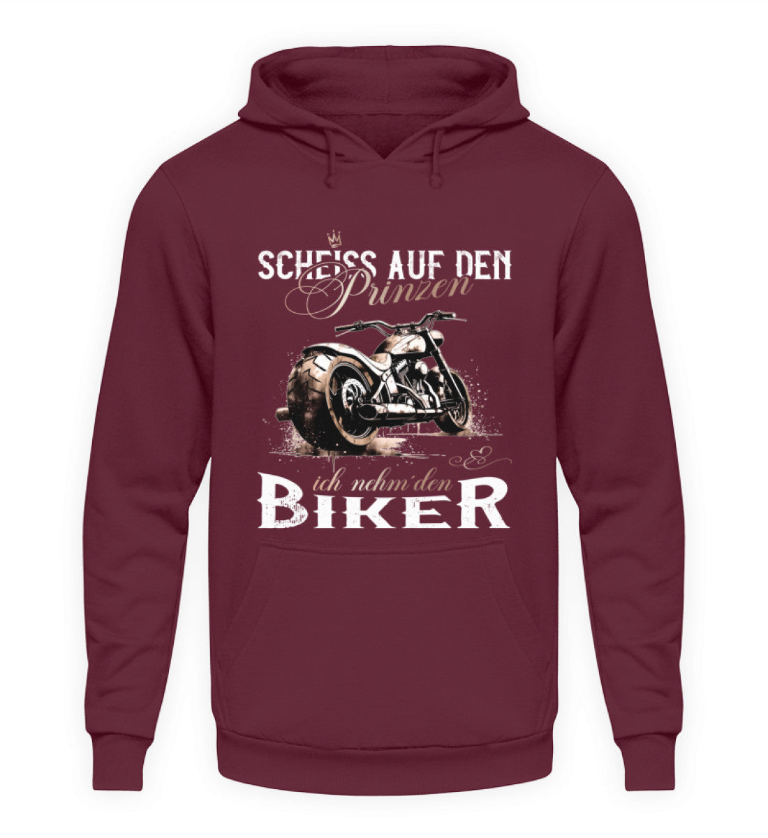 Ein Motorrad Hoodie für Frauen von Wingbikers mit dem Aufdruck, Scheiß auf den Prinzen, ich nehm' den Biker, in weinrot.
