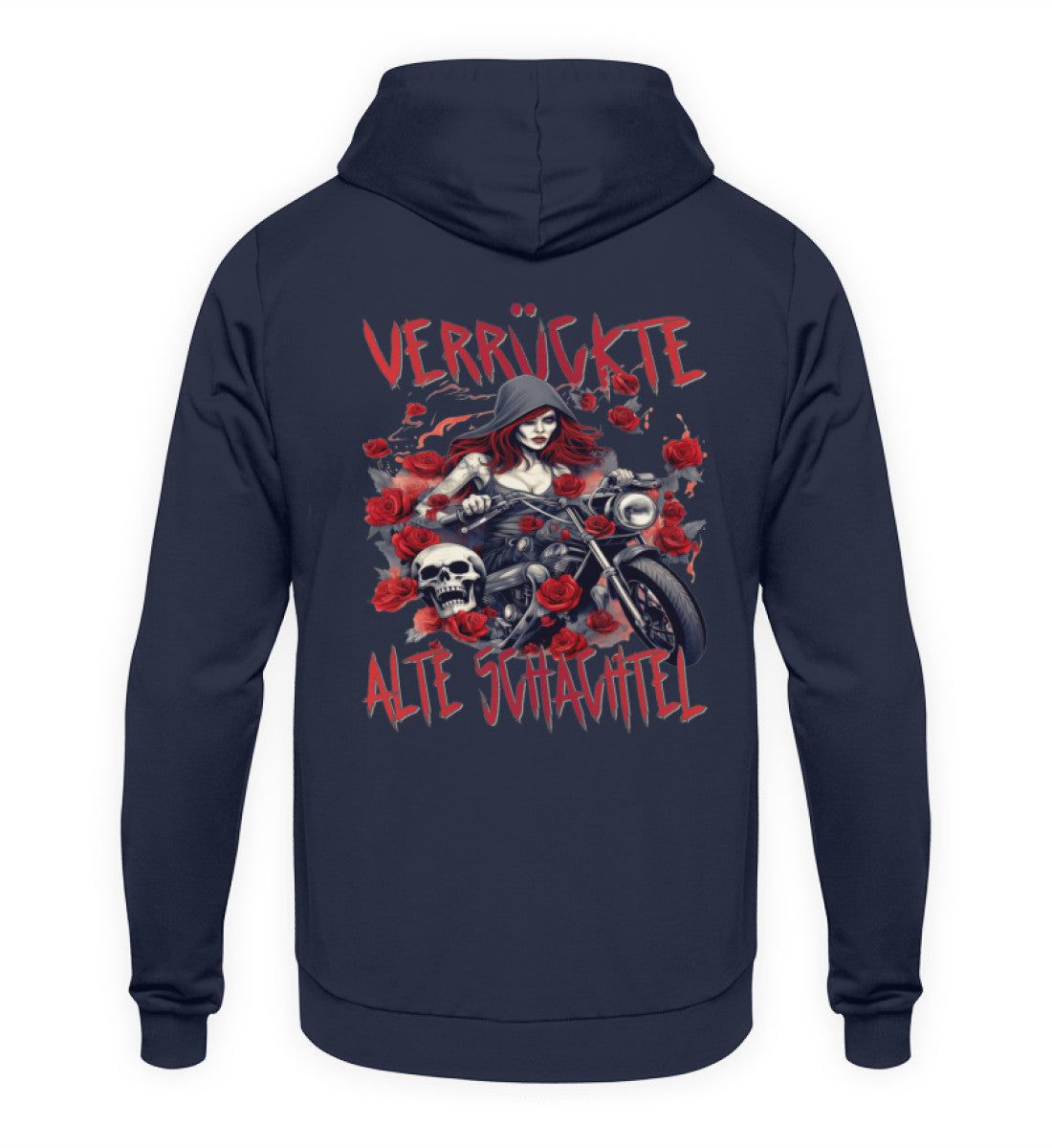 Ein Hoodie für Motorradfahrerinnen von Wingbikers mit dem Aufdruck, Verrückte alte Schachtel - mit Back Print, in navy.