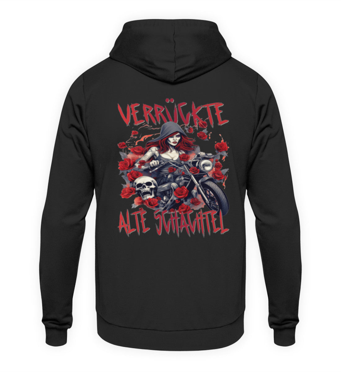 Ein Hoodie für Motorradfahrerinnen von Wingbikers mit dem Aufdruck, Verrückte alte Schachtel - mit Back Print, in schwarz.