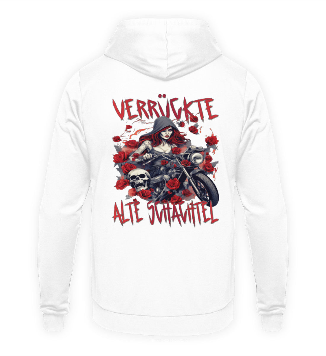 Ein Hoodie für Motorradfahrerinnen von Wingbikers mit dem Aufdruck, Verrückte alte Schachtel - mit Back Print, in weiß.