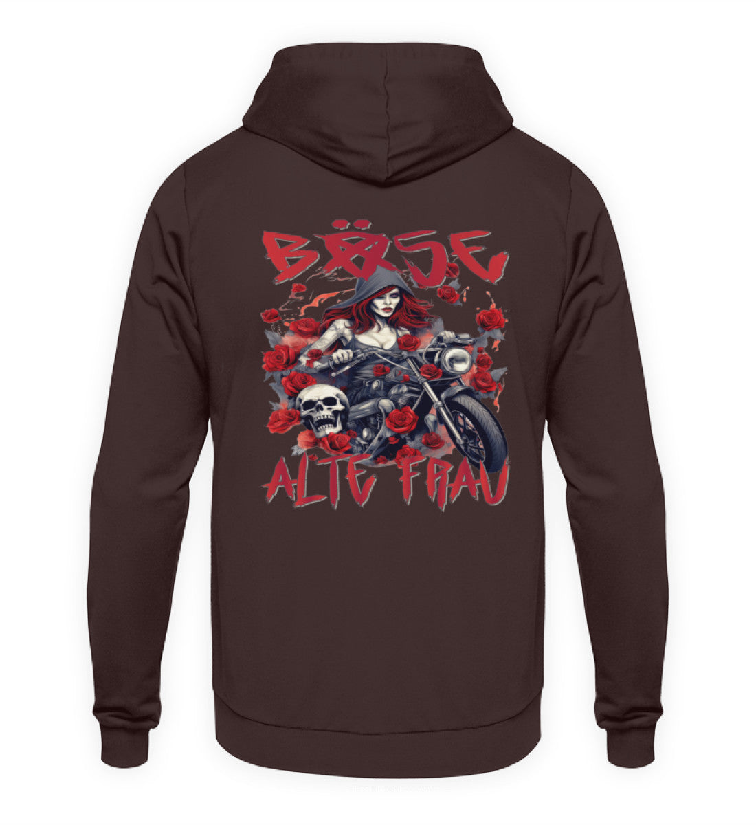 Ein Hoodie für Motorradfahrerinnen von Wingbikers mit dem Aufdruck, Böse Alte Frau, als Back Print, in braun.