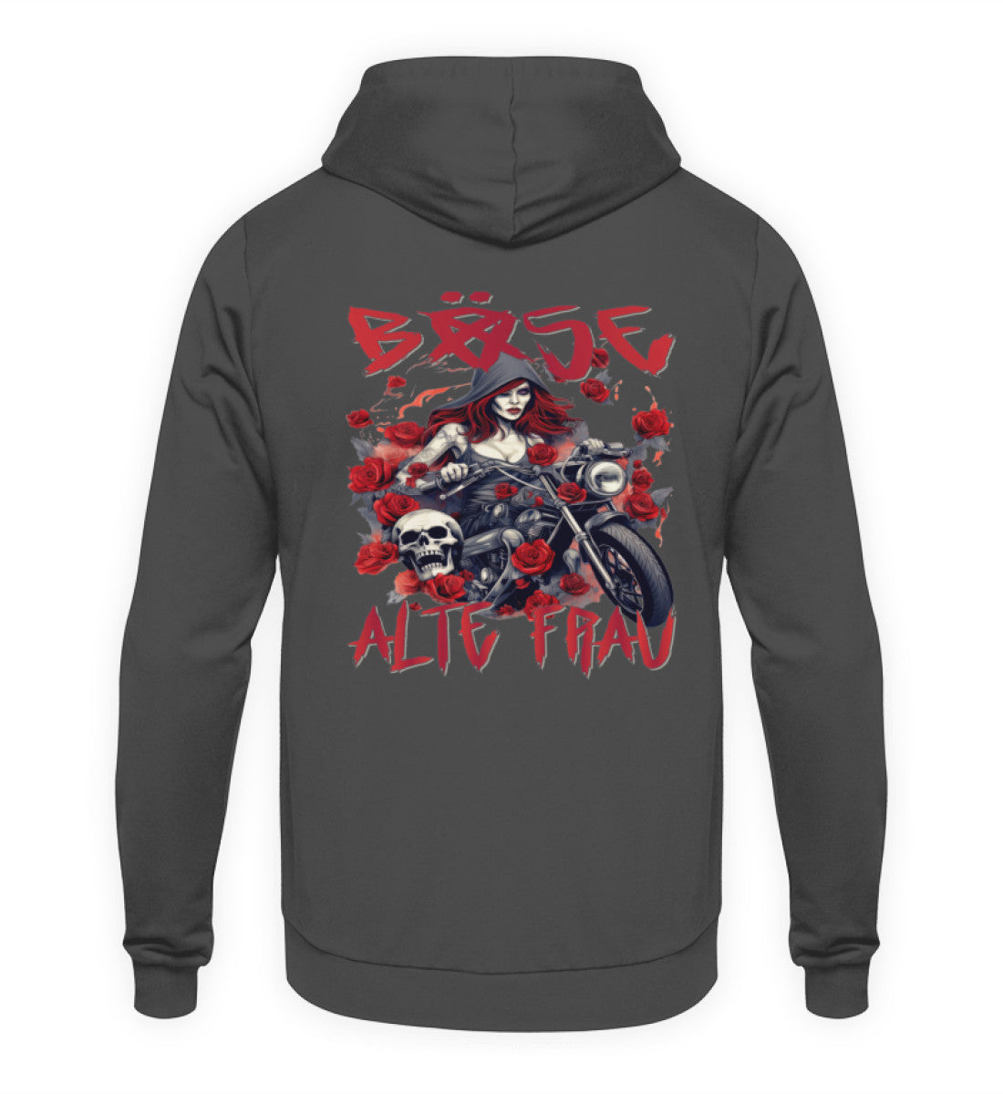 Ein Hoodie für Motorradfahrerinnen von Wingbikers mit dem Aufdruck, Böse Alte Frau, als Back Print, in grau.