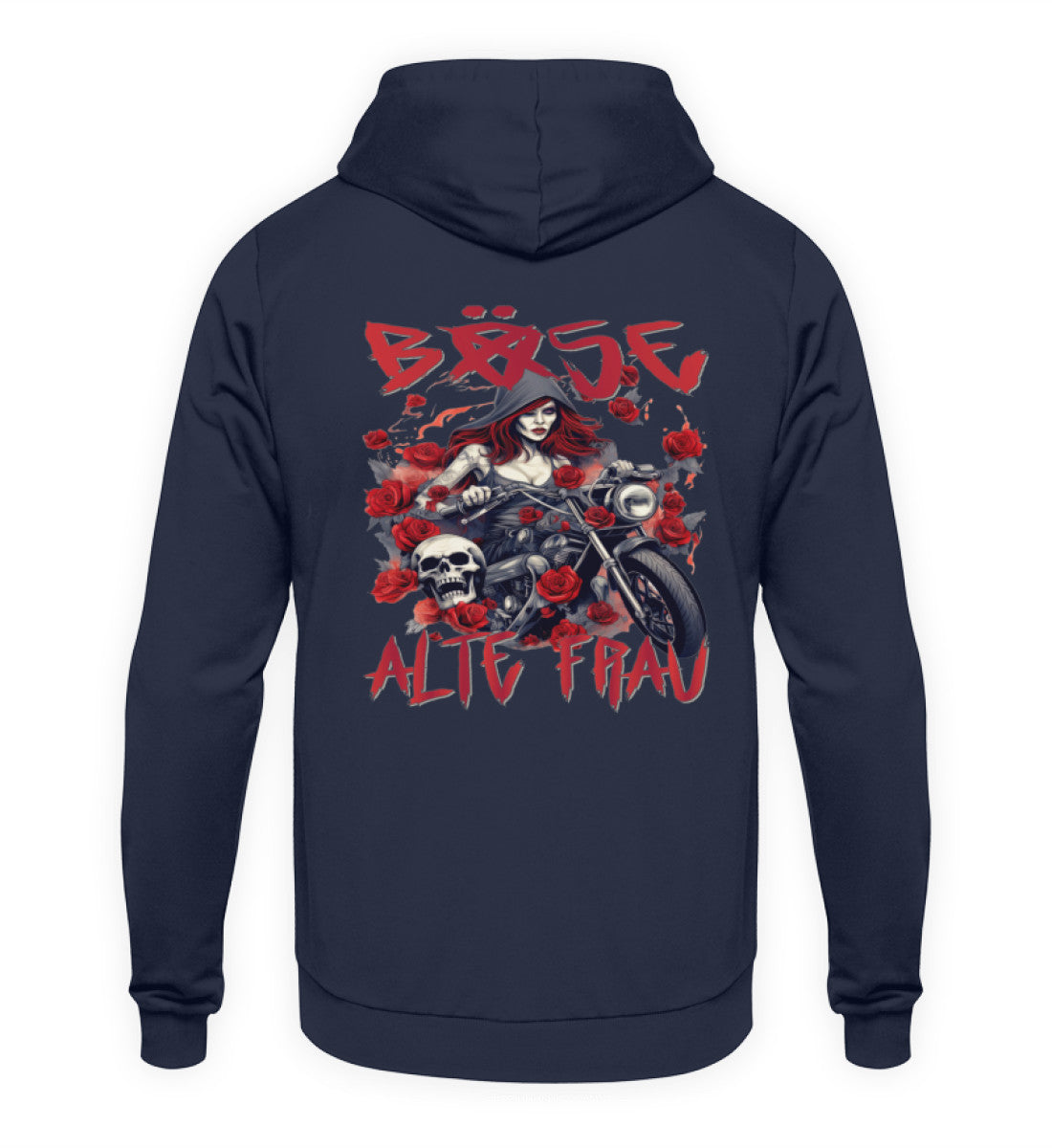 Ein Hoodie für Motorradfahrerinnen von Wingbikers mit dem Aufdruck, Böse Alte Frau, als Back Print, in navy.