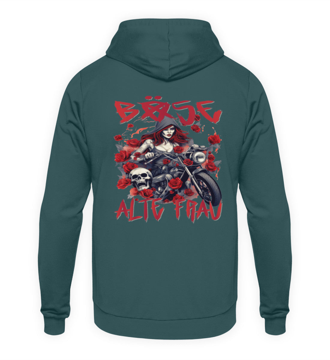 Ein Hoodie für Motorradfahrerinnen von Wingbikers mit dem Aufdruck, Böse Alte Frau, als Back Print, in petrol.