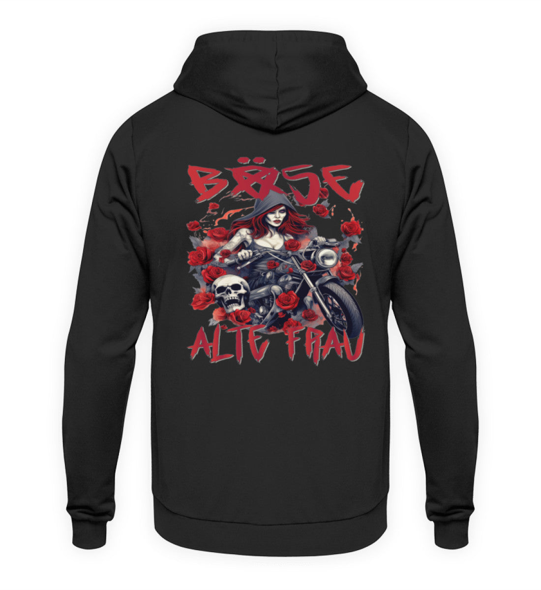 Ein Hoodie für Motorradfahrerinnen von Wingbikers mit dem Aufdruck, Böse Alte Frau, als Back Print, in schwarz.