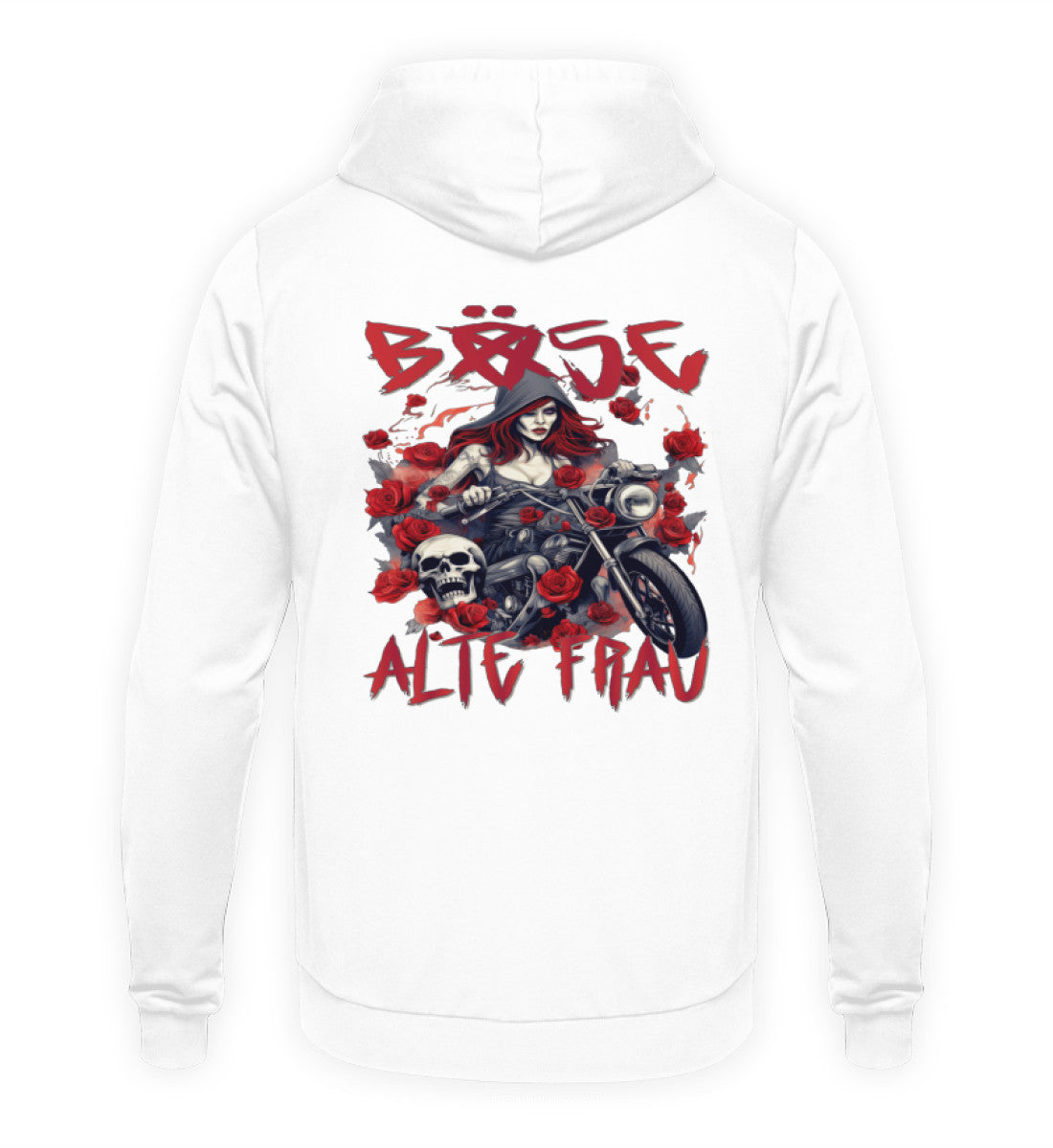 Ein Hoodie für Motorradfahrerinnen von Wingbikers mit dem Aufdruck, Böse Alte Frau, als Back Print, in weiß.