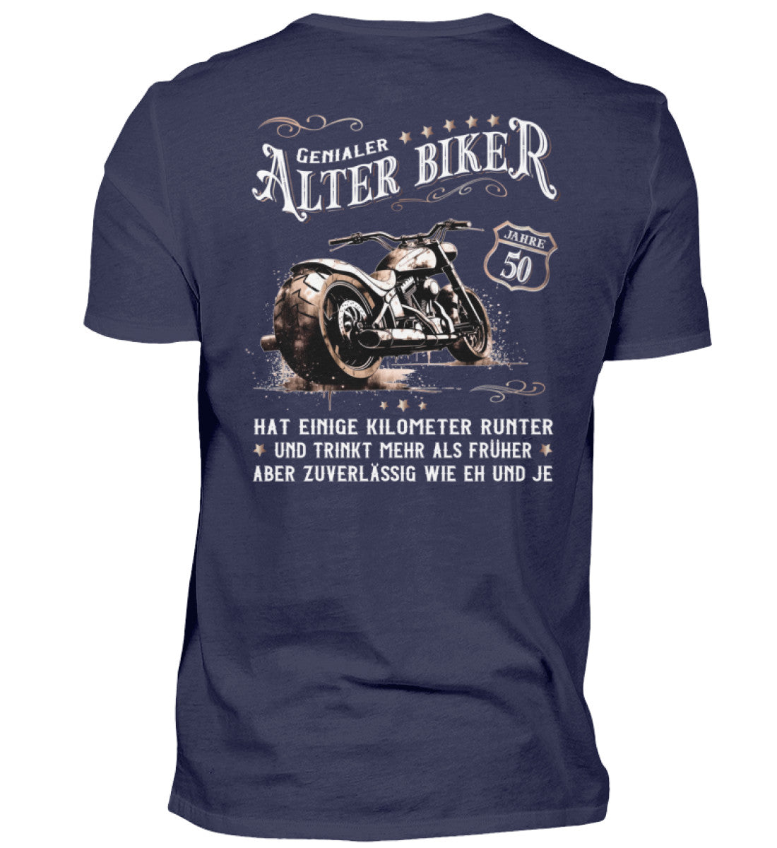 Ein Biker T-Shirt zum Geburtstag für Motorradfahrer von Wingbikers mit dem Aufdruck, Alter Biker - 50 Jahre - Einige Kilometer runter, trinkt mehr - aber zuverlässig wie eh und je - mit Back Print, in navy.