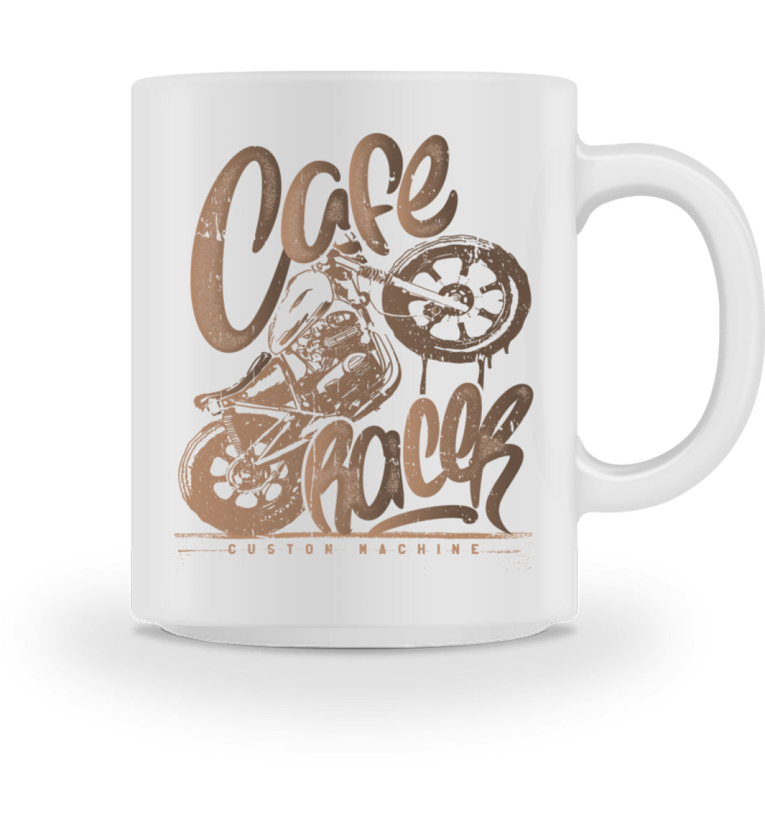 Eine Biker Tasse für Motorradfahrer, von Wingbikers, mit dem beidseitigen Aufdruck, Café Racer, im nostalgischen Streetwear Stil, in weiß.