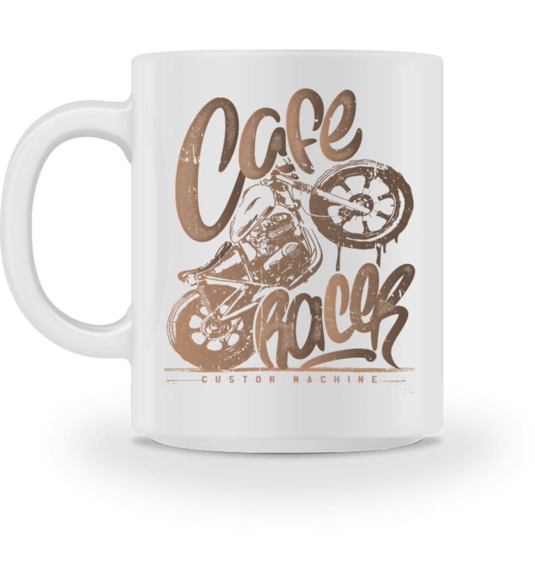 Eine Biker Tasse für Motorradfahrer, von Wingbikers, mit dem beidseitigen Aufdruck, Café Racer, im nostalgischen Streetwear Stil, in weiß.