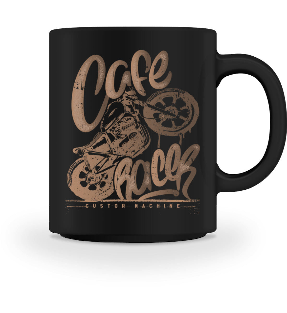 Eine Biker Tasse für Motorradfahrer, von Wingbikers, mit dem beidseitigen Aufdruck, Café Racer, im nostalgischen Streetwear Stil, in schwarz.