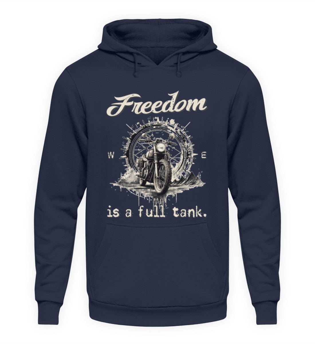 Ein Hoodie für Motorradfahrer von Wingbikers mit dem Aufdruck, Freedom Is A Full Tank - Freiheit ist ein voller Tank - mit einem Retro Vintage klassischem Motorrad, in navy blau.