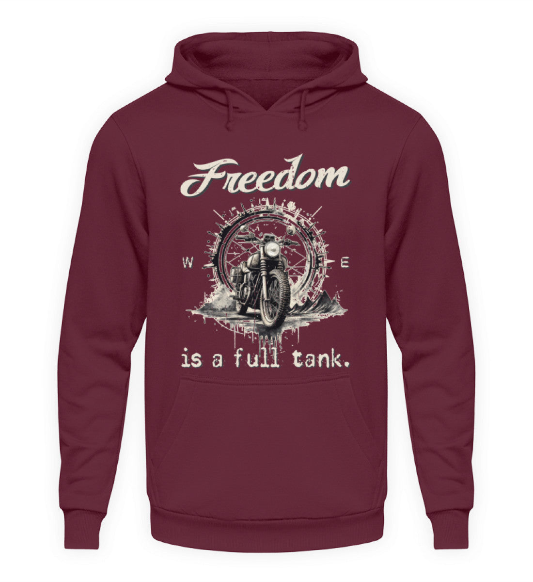 Ein Hoodie für Motorradfahrer von Wingbikers mit dem Aufdruck, Freedom Is A Full Tank - Freiheit ist ein voller Tank - mit einem Retro Vintage klassischem Motorrad, in burgunder weinrot.
