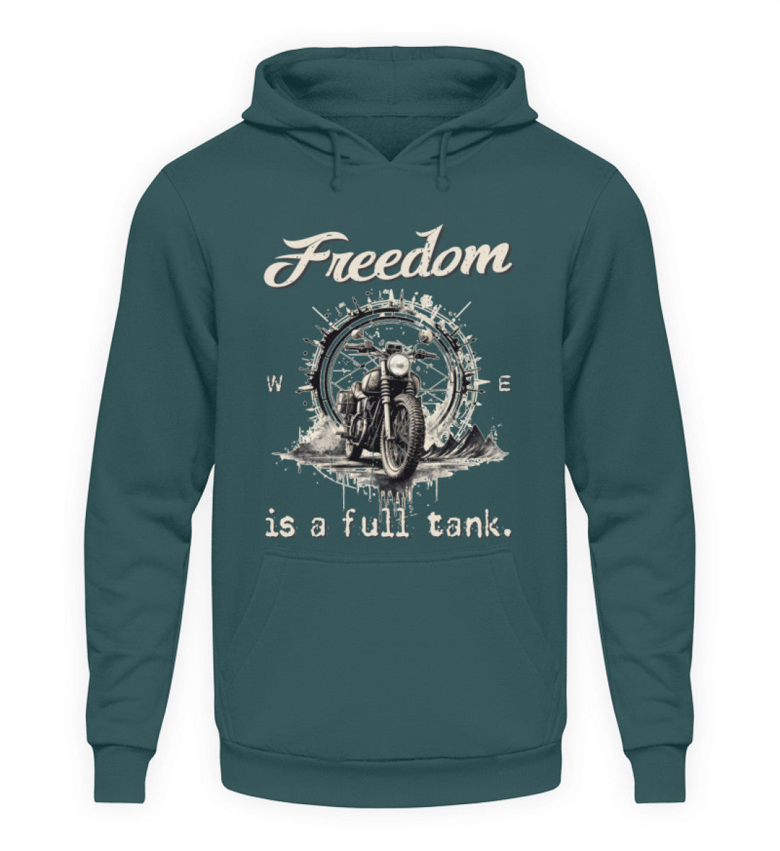 Ein Hoodie für Motorradfahrer von Wingbikers mit dem Aufdruck, Freedom Is A Full Tank - Freiheit ist ein voller Tank - mit einem Retro Vintage klassischem Motorrad, in petrol türkis.