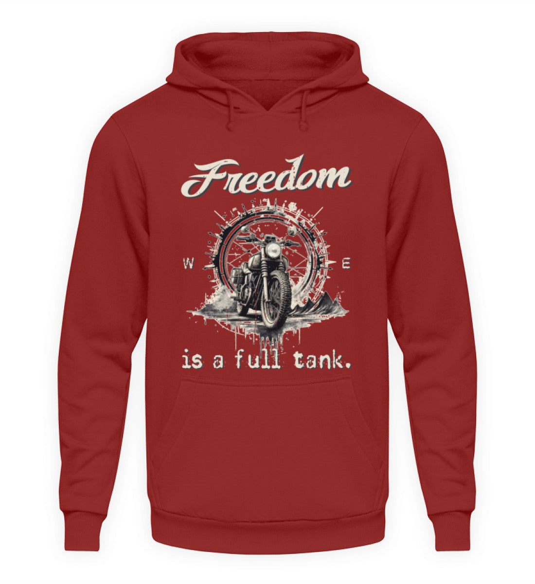 Ein Hoodie für Motorradfahrer von Wingbikers mit dem Aufdruck, Freedom Is A Full Tank - Freiheit ist ein voller Tank - mit einem Retro Vintage klassischem Motorrad, in backsteinrot.