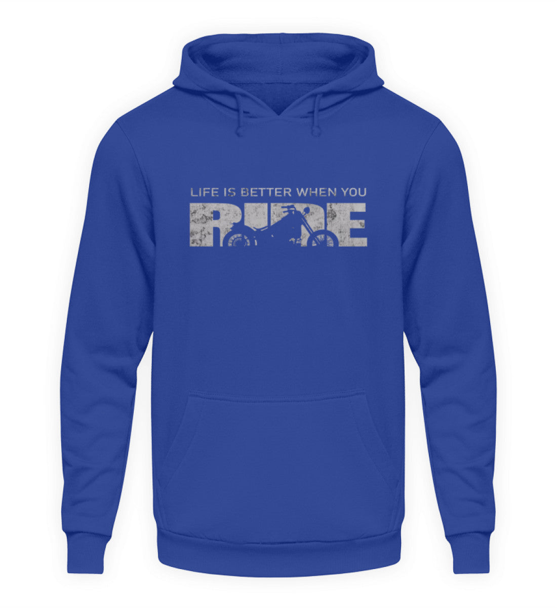 Ein Hoodie für Motorradfahrer von Wingbikers mit dem Aufdruck, Life Is Better When You Ride - mit einem Motorrad, in royal blau.