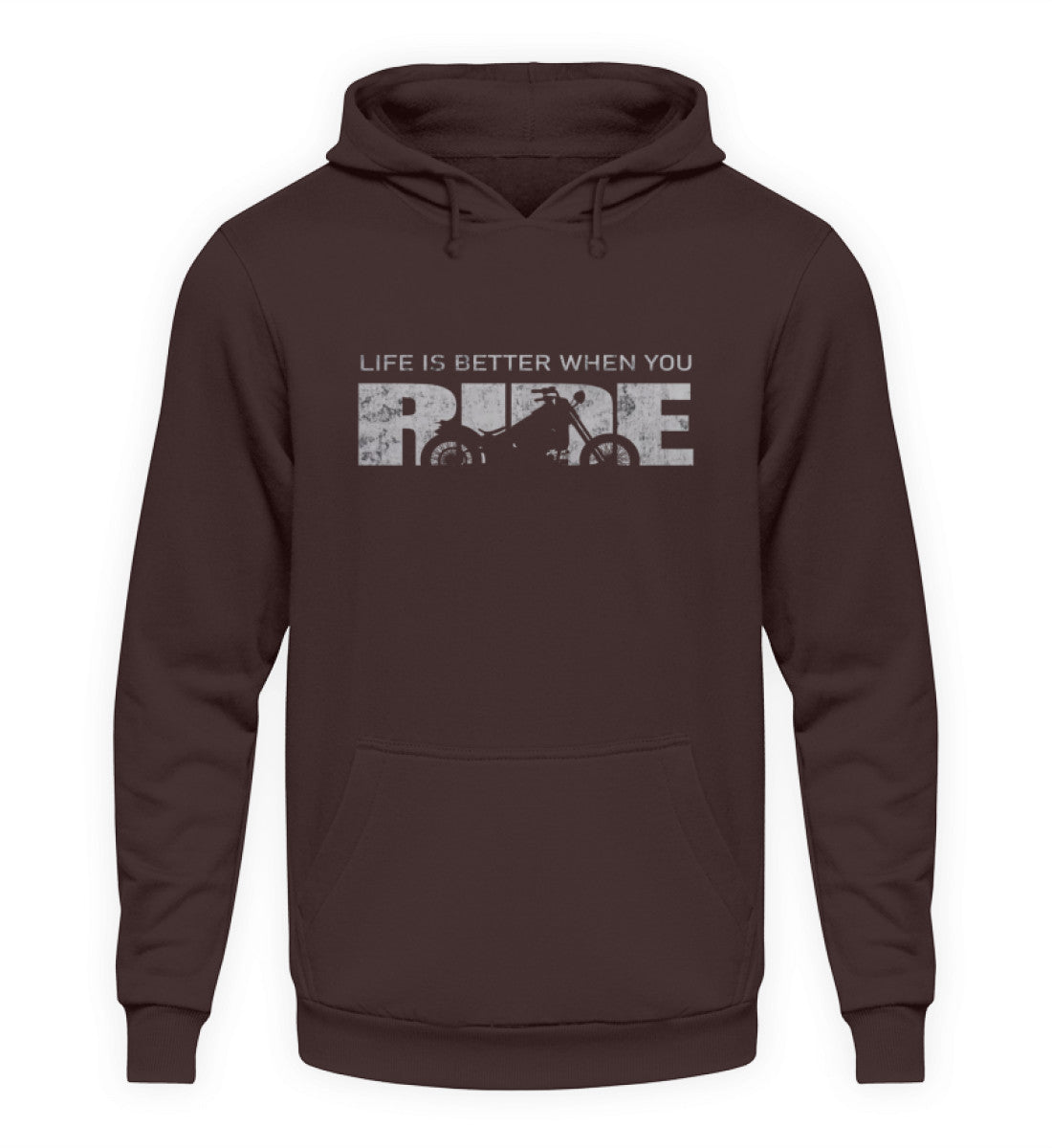 Ein Hoodie für Motorradfahrer von Wingbikers mit dem Aufdruck, Life Is Better When You Ride - mit einem Motorrad, in braun.