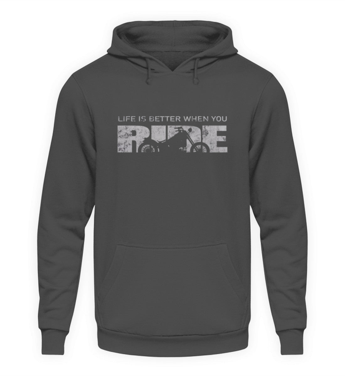 Ein Hoodie für Motorradfahrer von Wingbikers mit dem Aufdruck, Life Is Better When You Ride - mit einem Motorrad, in dunkelgrau.