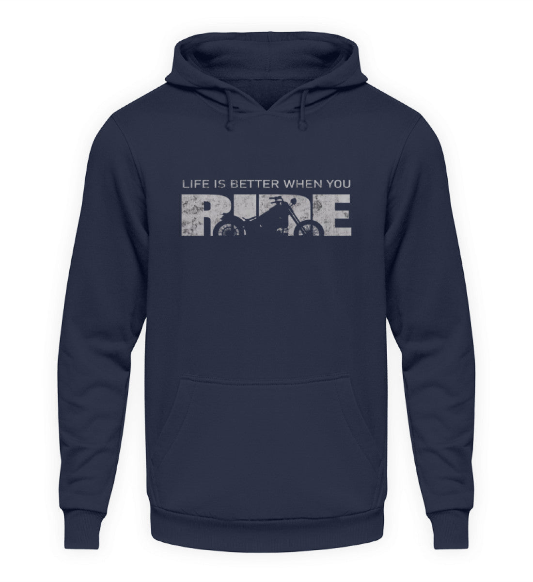 Ein Hoodie für Motorradfahrer von Wingbikers mit dem Aufdruck, Life Is Better When You Ride - mit einem Motorrad, in navy blau.