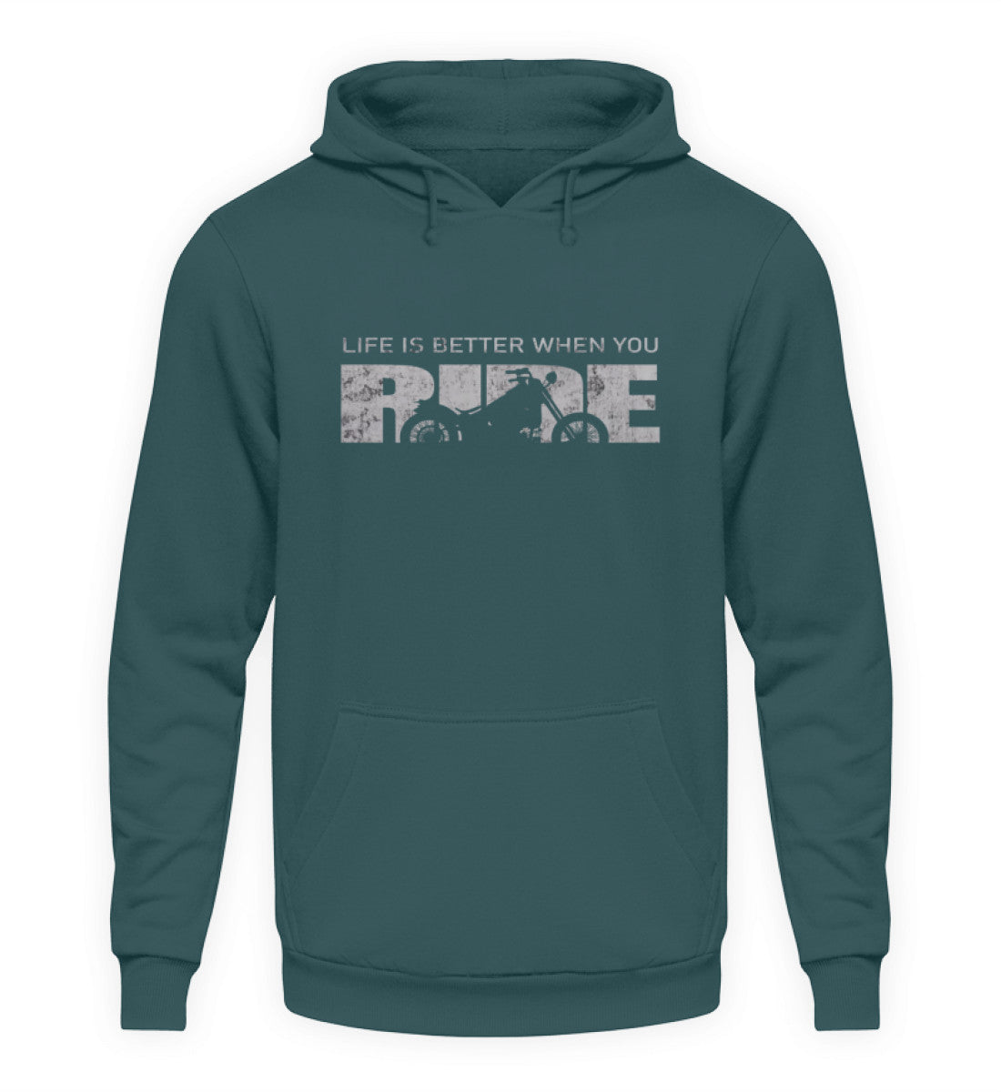 Ein Hoodie für Motorradfahrer von Wingbikers mit dem Aufdruck, Life Is Better When You Ride - mit einem Motorrad, in petrol türkis.