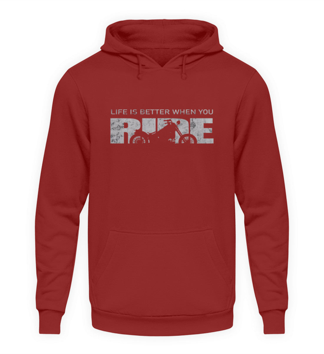 Ein Hoodie für Motorradfahrer von Wingbikers mit dem Aufdruck, Life Is Better When You Ride - mit einem Motorrad, in backsteinrot.