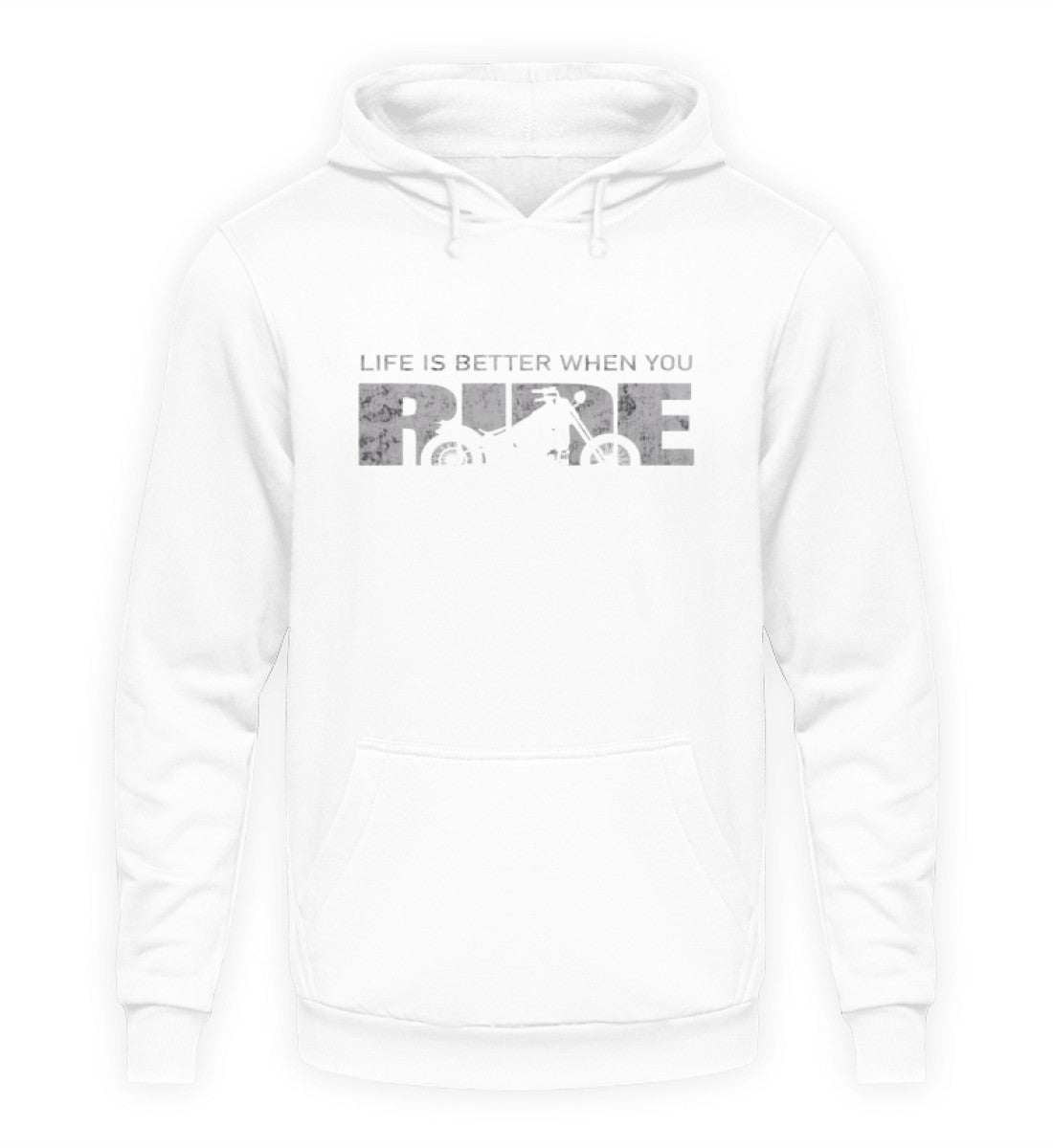 Ein Hoodie für Motorradfahrer von Wingbikers mit dem Aufdruck, Life Is Better When You Ride - mit einem Motorrad, in weiß.