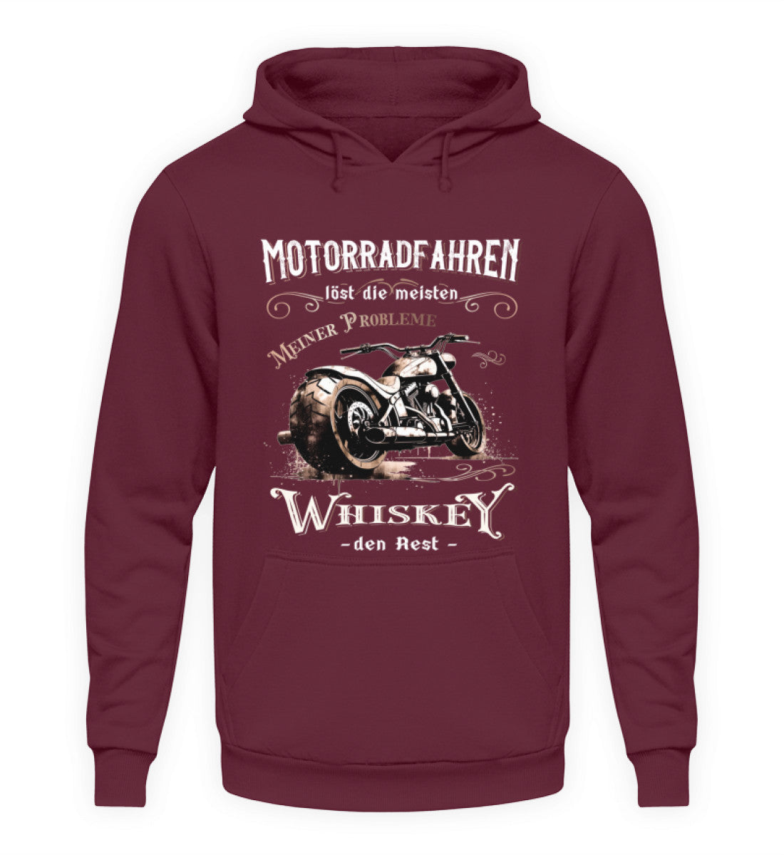 Ein Biker Hoodie für Motorradfahrer von Wingbikers mit dem Aufdruck, Motorradfahren löst die meisten meiner Probleme - Whiskey den Rest - in burgunder.